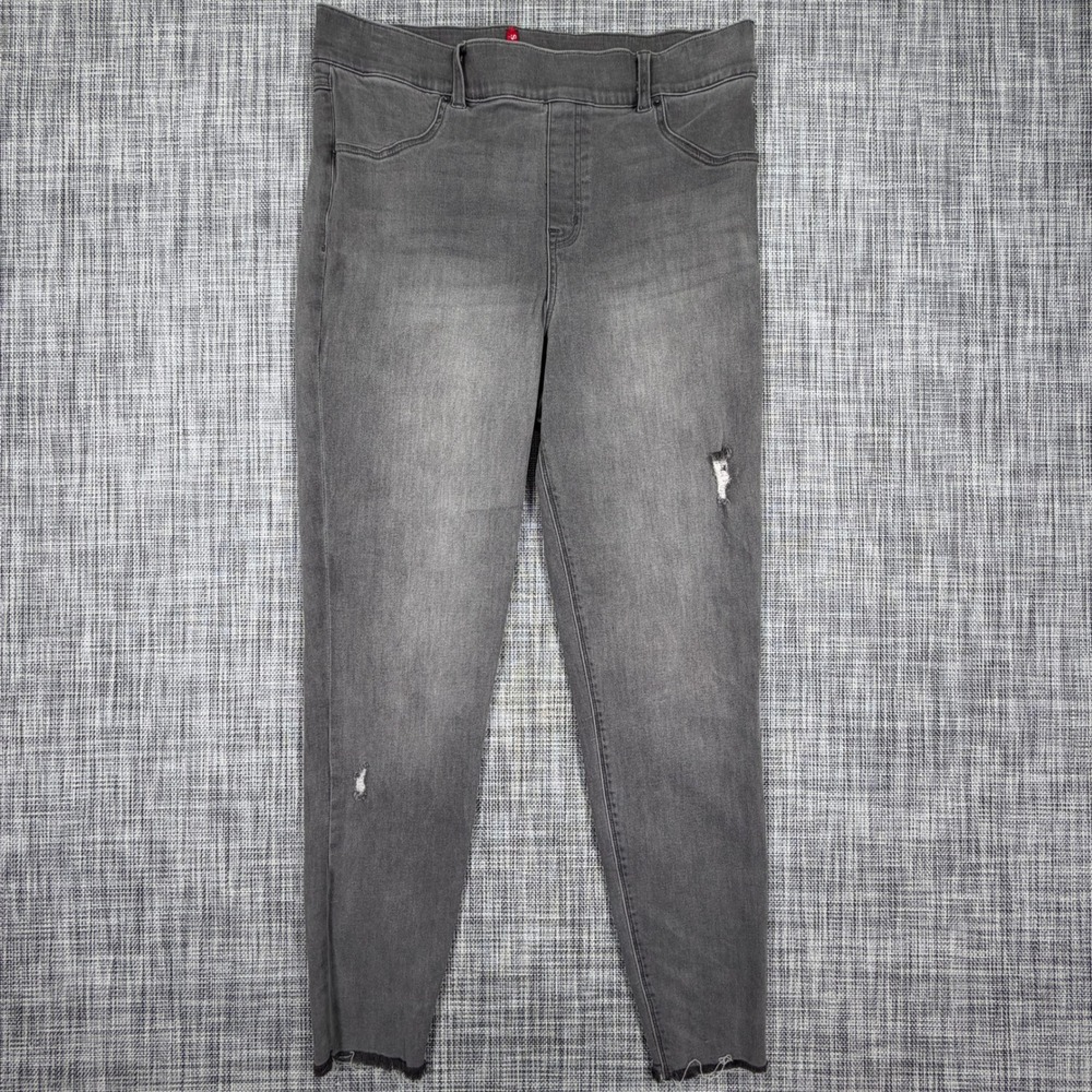 Spanx Womens Skinny Ankle Jeans XL Gray Pull On Stretch Denim Distressed Raw Hem